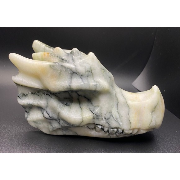 Large White Peach Green Jade Dragon Skull Crystal Carving - Veins Dinosaur - Picture 6 of 9